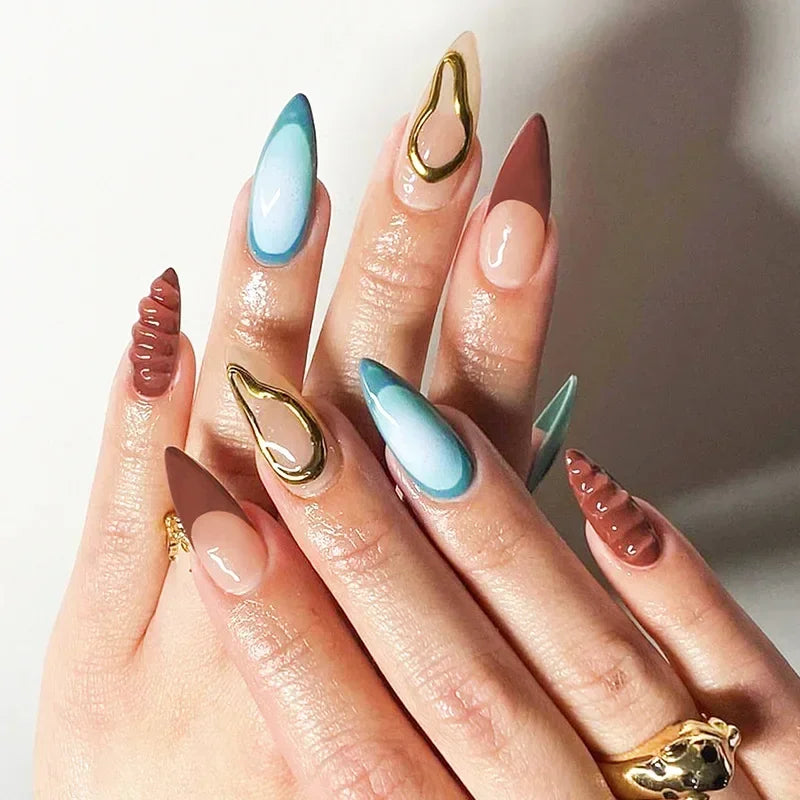 24pcs Leopard Print Fake Nails with Glue Almond Acrylic Press on False Nails Gold Lines French Nail Tips Sweet Cool Autumn Nails