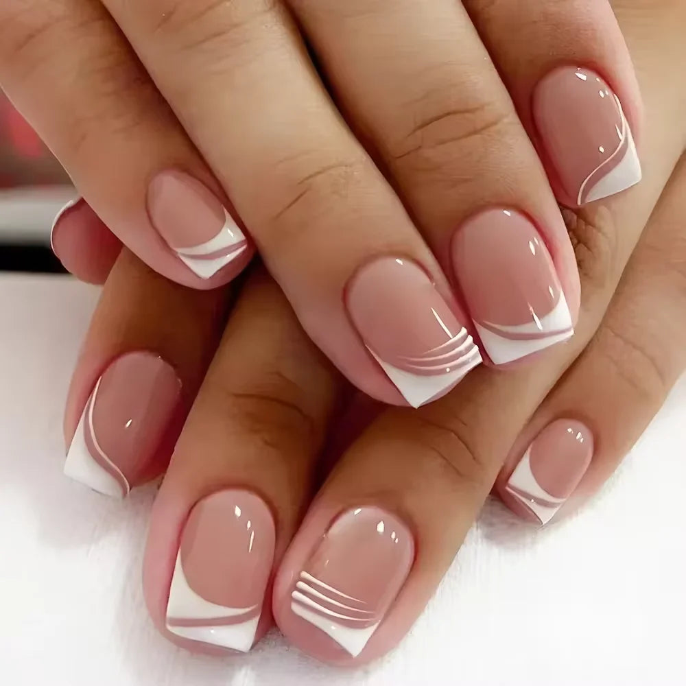 24PCS Shiny Pearl Wearable False Nails Short Square Fake Nail Simple Press on Nails Detachable Full Cover Nail Tips With Glue