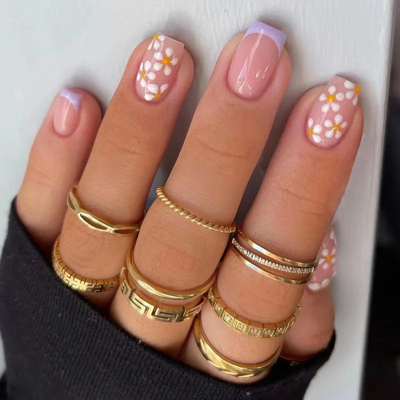 24Pcs Removable Wearable False Nails Art Short Glitter French Gold Edge Fake Nails Waterproof Press on Nail Tips Nails Supplies
