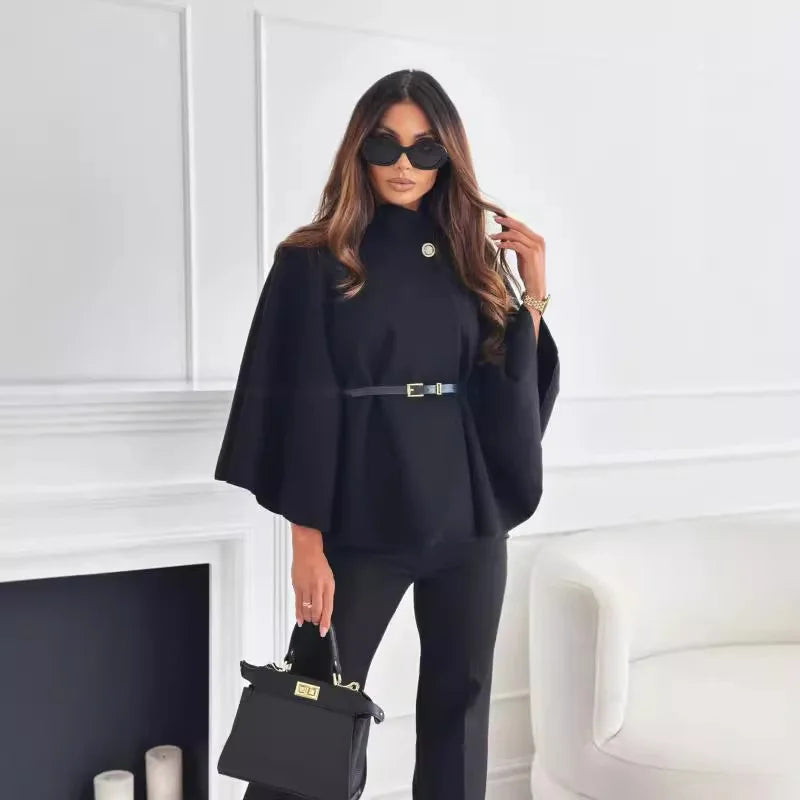 Autumn Winter Women Single Buckle Batwing Sleeve Coat Elegant Lady Cloak Cape Woollen Tweed Poncho Thick Warm Loose Outwear