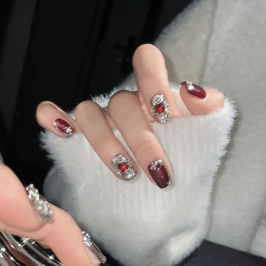 10PCS Pink Cat Eye Handmade Press On Nails Square Head Fake Nails Diamond Designs Full Cover Nail Art Tips Wearable False Nails