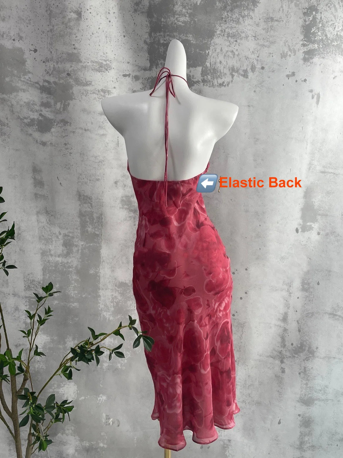 Women 100% Silk Vintage Style Rose Printed Halterneck Backless Suspender Dress