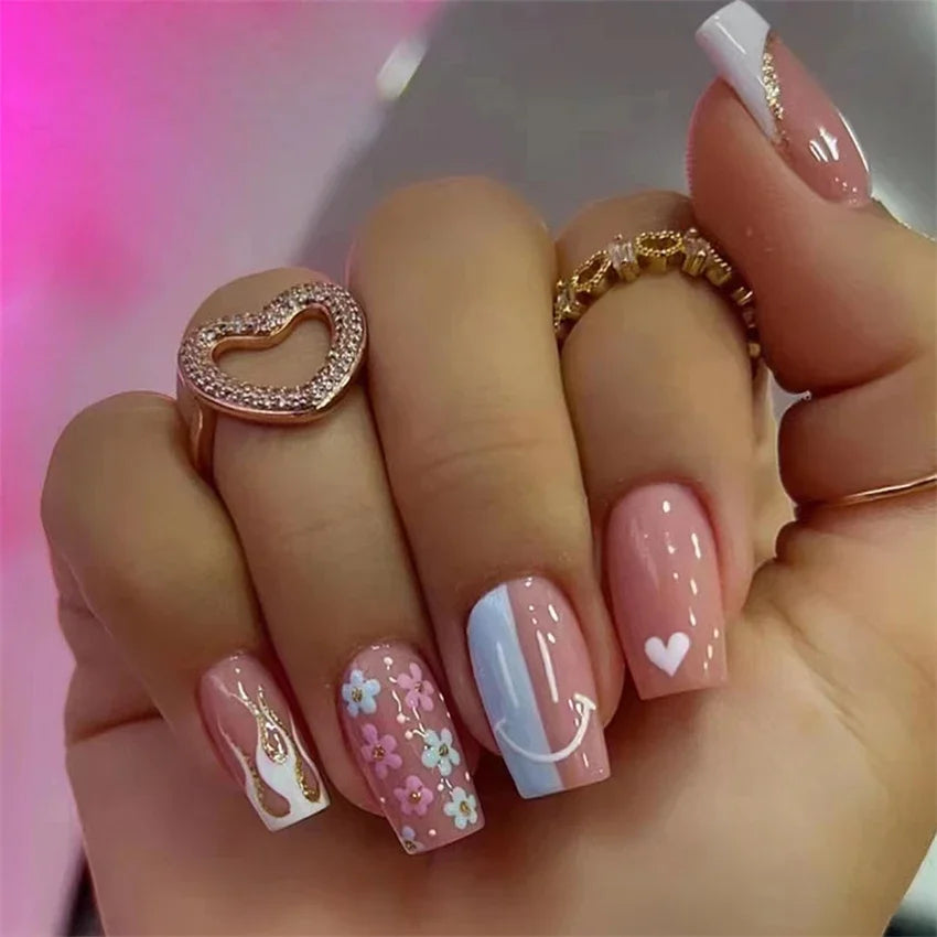 24Pcs Medium Long Acrylic Fake Nails Art Cool Spice Girls Wearing False Nails Set Press on Nail Tips Removable French Nails Fake