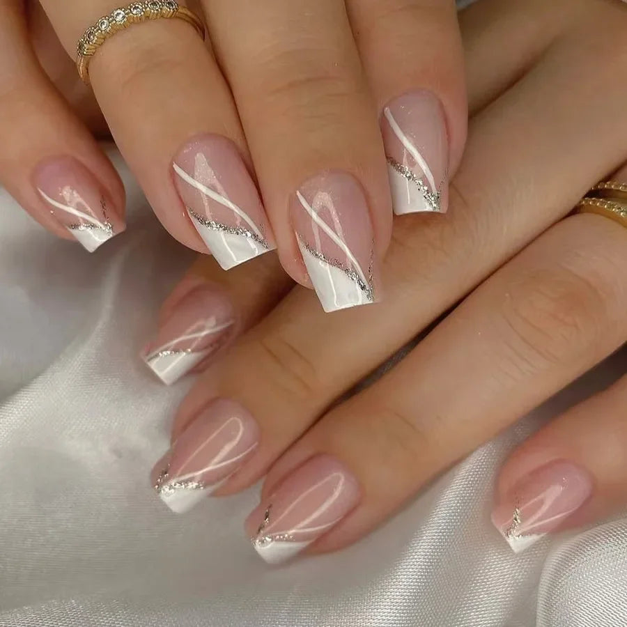24Pcs Short Square Press on Nails Gradient Glitter False Nails French Tip Lines Acrylic Nails Full Cover Wearable Fake Nail Tips