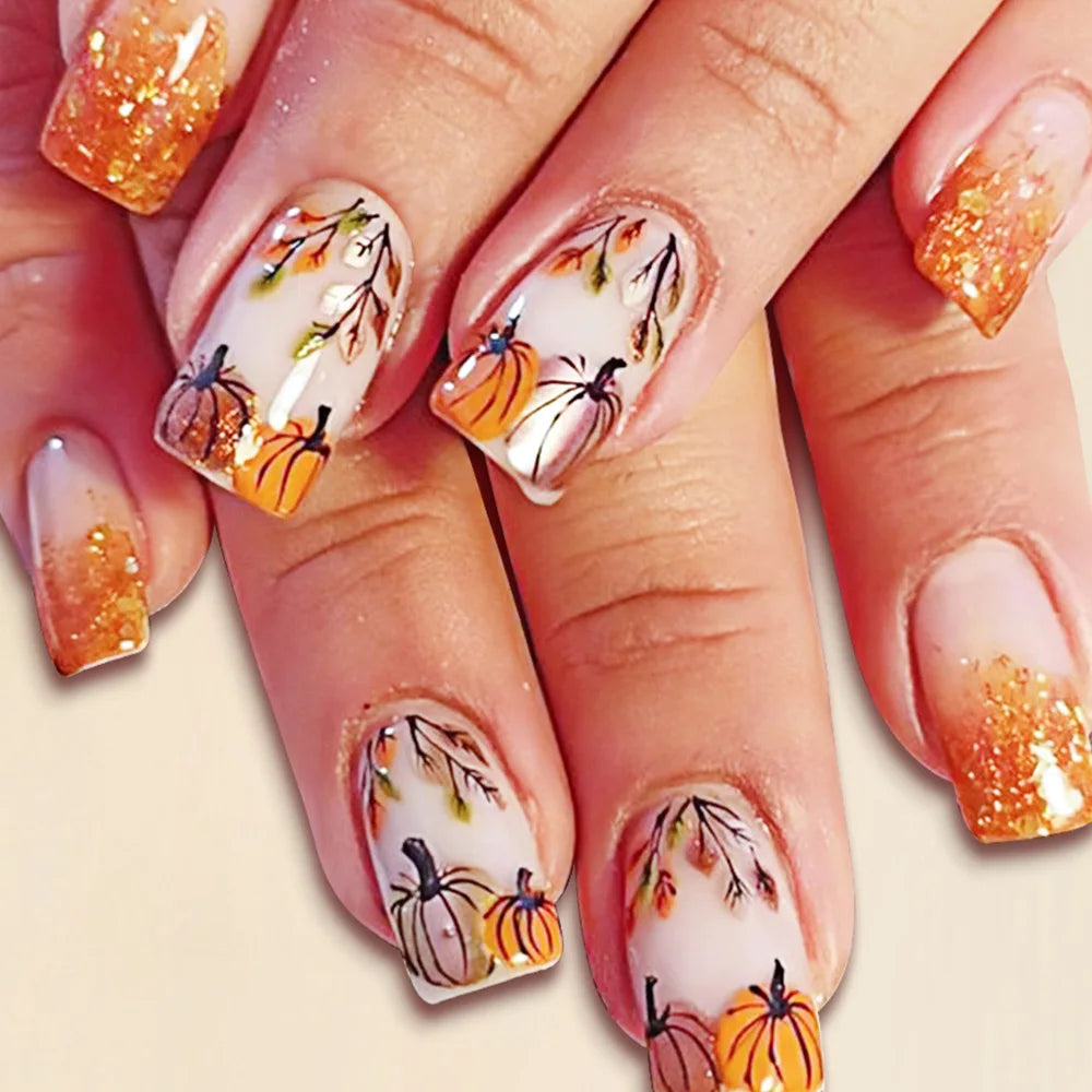 24pcs Autumn Maple Leaves Press on Nails Thanksgiving Day Gifts Fake Nail Patch Wearable Short Square Shiny False Nail Tips