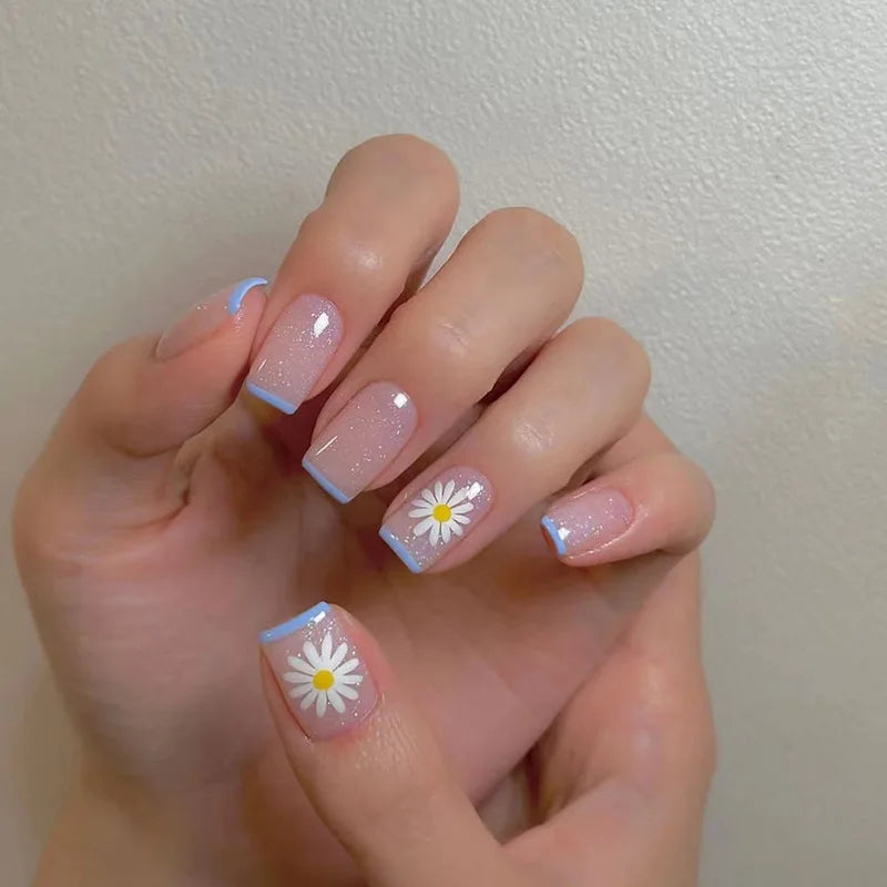 24Pcs White Ice Camellia Short False Nails Art Light Pink Sweet Girls Acrylic Press on Nails Full Cover Removable Fake Nail Set