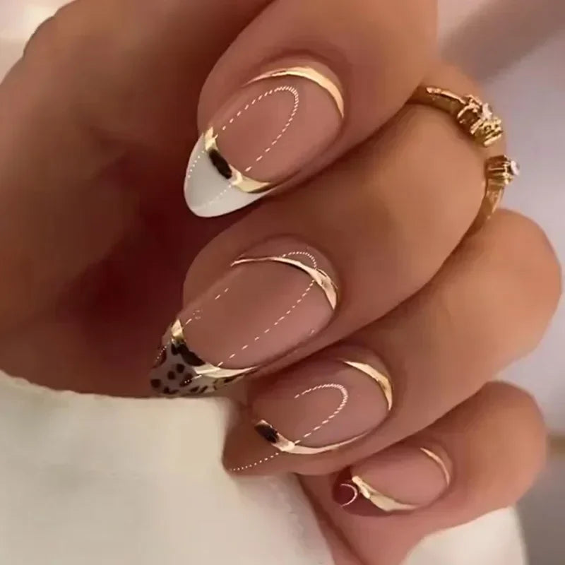 24Pcs French Gold Edge Wearable Almond Press on Fake Nails Simple Pearl Decoration False Nails with Glue Full Over Manicure Tips