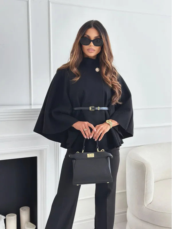 Autumn Winter Women Single Buckle Batwing Sleeve Coat Elegant Lady Cloak Cape Woollen Tweed Poncho Thick Warm Loose Outwear