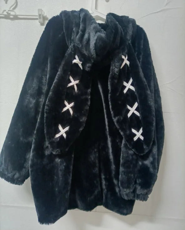 2025 Winter Clothing Women Jackets Harajuku Rabbit Ears Punk Black Coats Thicked Furry Zipper Oversized Y2k Tops Ropa Mujer