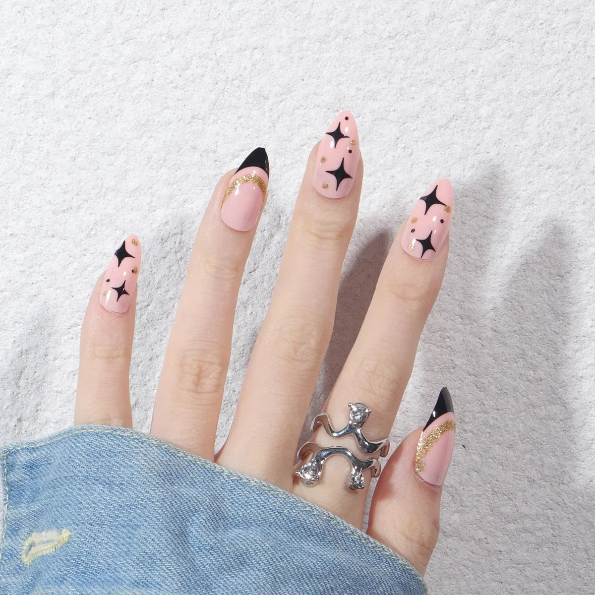 24Pcs French Gold Edge Wearable Almond Press on Fake Nails Simple Pearl Decoration False Nails with Glue Full Over Manicure Tips