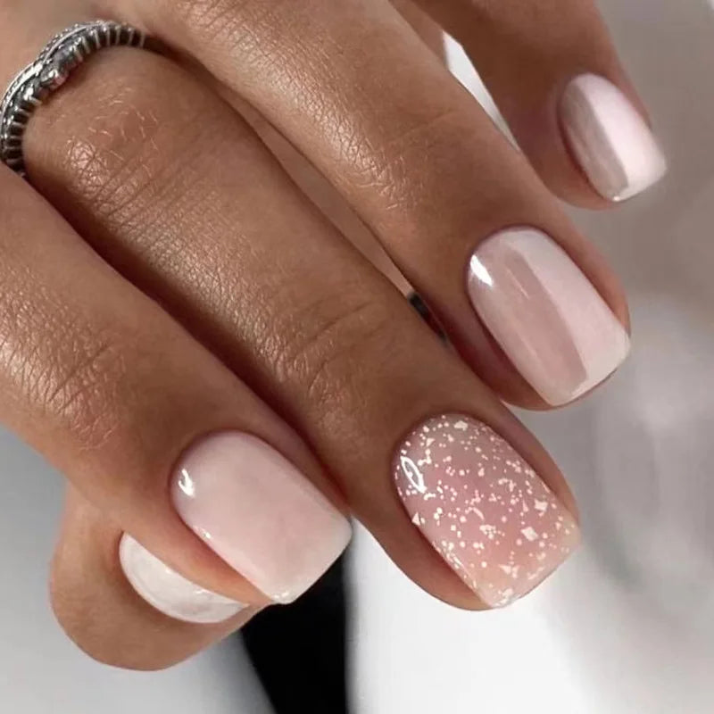 24Pcs White Ice Camellia Short False Nails Art Light Pink Sweet Girls Acrylic Press on Nails Full Cover Removable Fake Nail Set