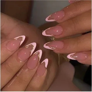 24Pcs French Gold Edge Wearable Almond Press on Fake Nails Simple Pearl Decoration False Nails with Glue Full Over Manicure Tips