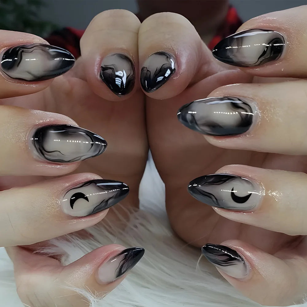 24Pcs Golden French Fake Nail with Almond Head Design Simple Oval False Nails Wearable Press on Nails Full Cover Nail Tips