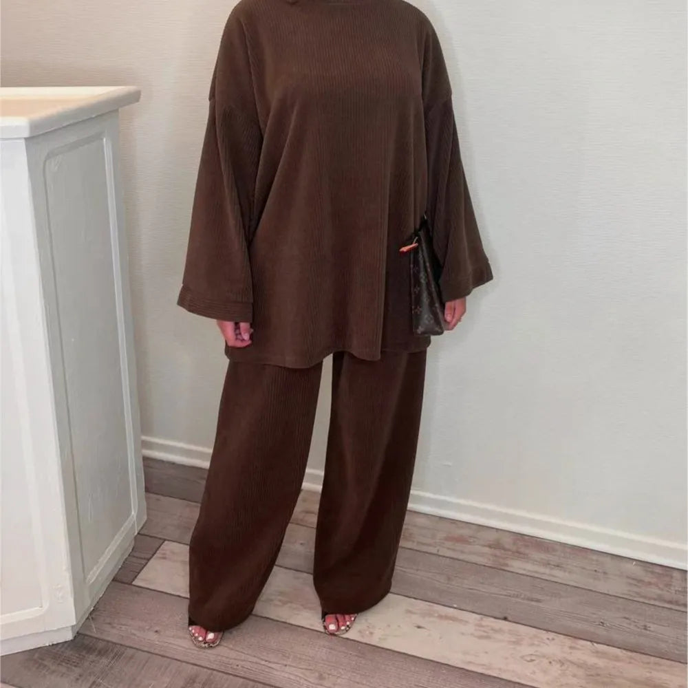 Autumn Winter Solid Color Corduroy Pants Sets Women Loose Long Sleeve Wide Legs Trousers Two Piece Set Female Commuting Clothing