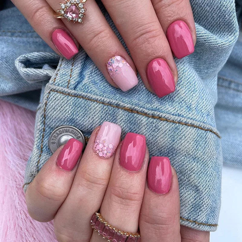24Pcs White Ice Camellia Short False Nails Art Light Pink Sweet Girls Acrylic Press on Nails Full Cover Removable Fake Nail Set