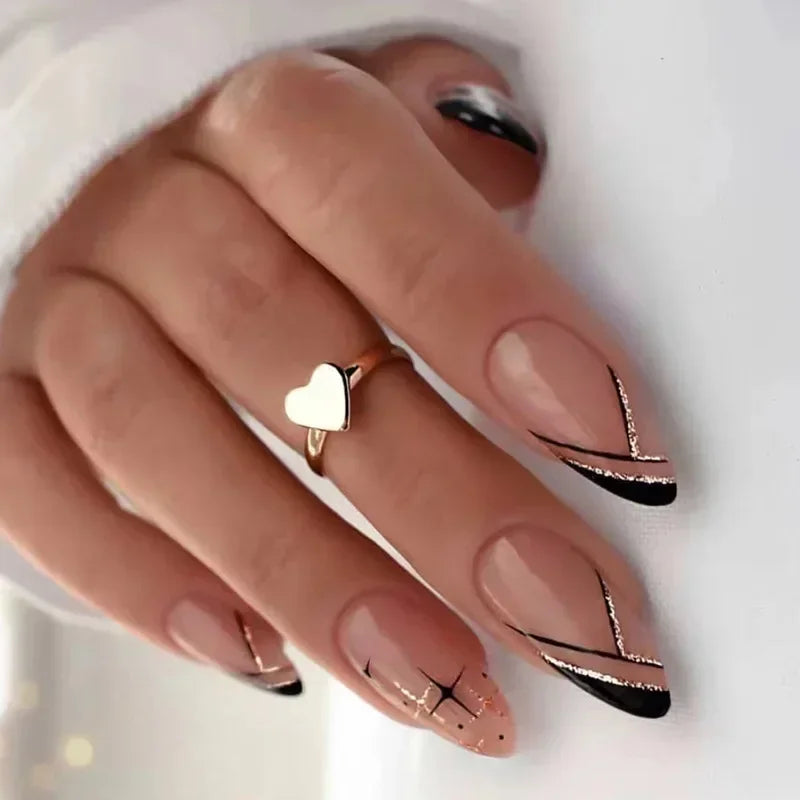 24Pcs French Gold Edge Wearable Almond Press on Fake Nails Simple Pearl Decoration False Nails with Glue Full Over Manicure Tips