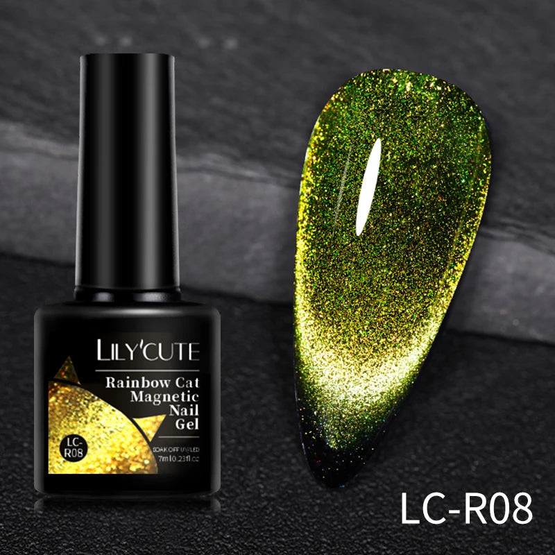 LILYCUTE 9D Rainbow Glitter Cat Magnetic Nail Gel Polish Snowlight Semi Permanent Soak Off Sparkling Nail Varnish