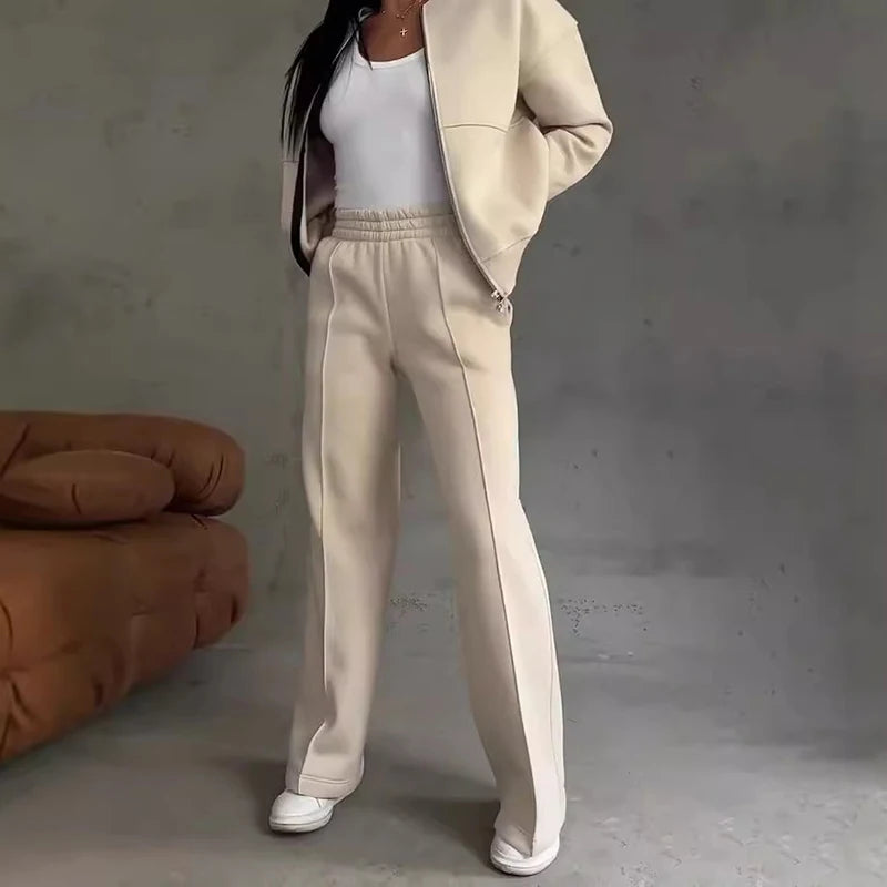 Women's Autumn Solid Color Sportwear Tracksuit Casual Zipper Sweatshirt Coat and Straight Pant Sets Winter Long Sleeve 2pcs Suit