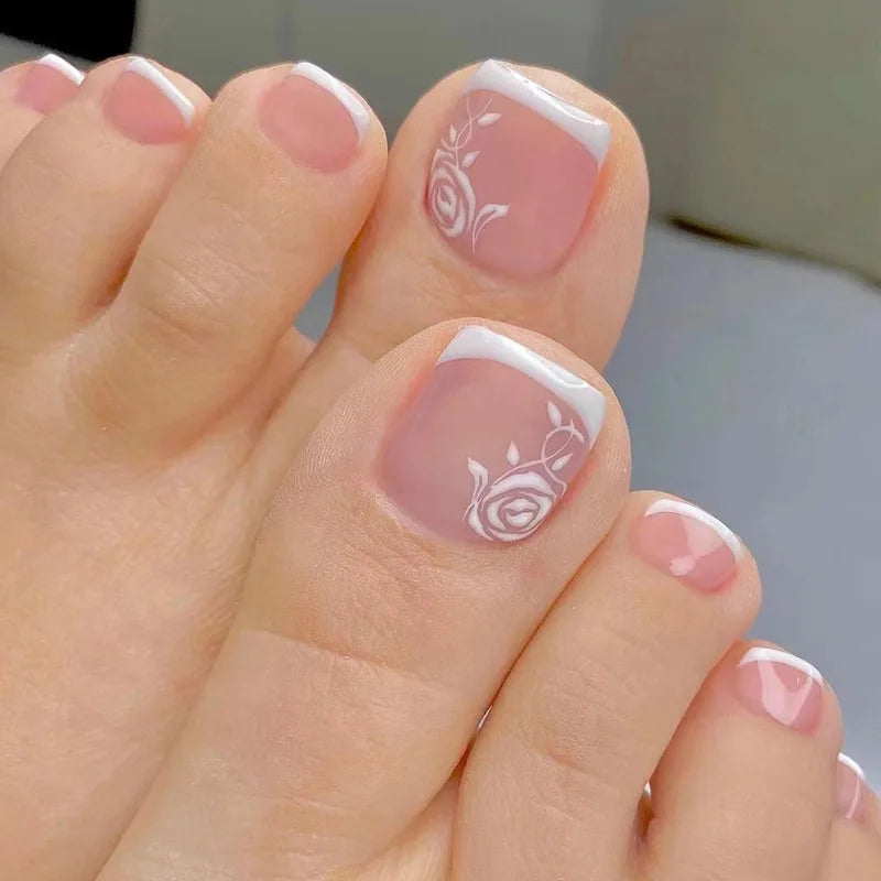 24 Pcs French Design Fake Toe Nail Press on Toe Nail Summer False Nails Acrylic Reusable Toe Nail Decorated Nails With Tool Kit