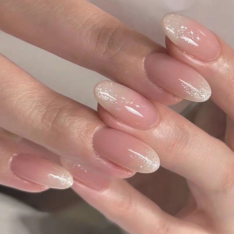24pcs French Simple Fake Nails Ins White Edge Nude Color False Nail Tips Almond Stick on Nail Patch for Girl Lady Manicure Tools