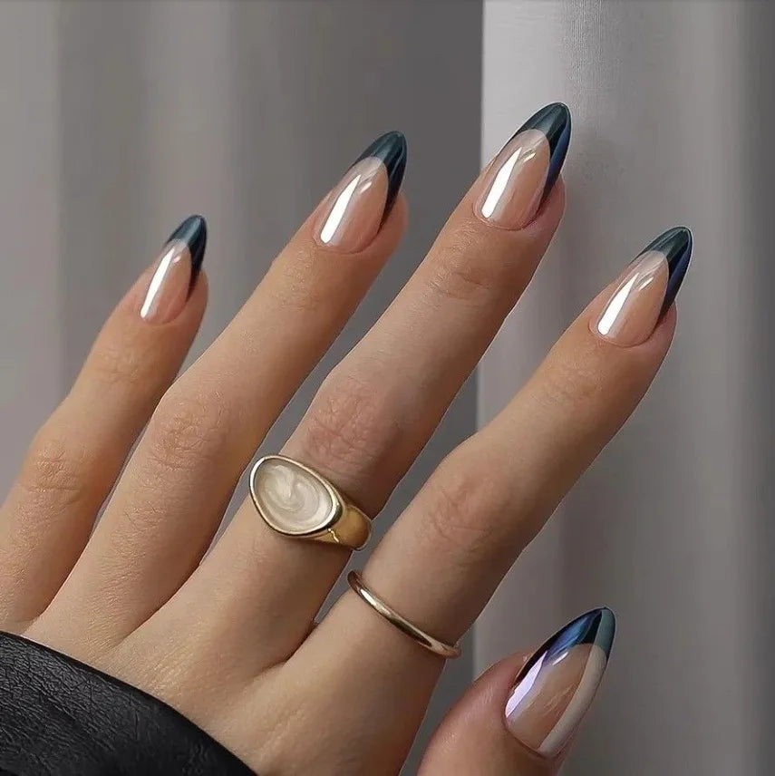 24Pcs Simple French Fake Nails with Almond Head Design Detachable 3D Irregular Star Pattern Press on False Nails Manicure Tools