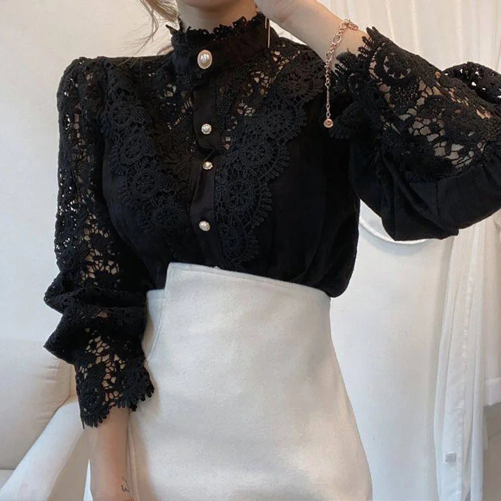 Autumn Elegant Lace Office Shirt Women's Blouse Long Sleeve Button Up Blouses Tops 2023 Spring Fashion Casual Ladies Shirts Top