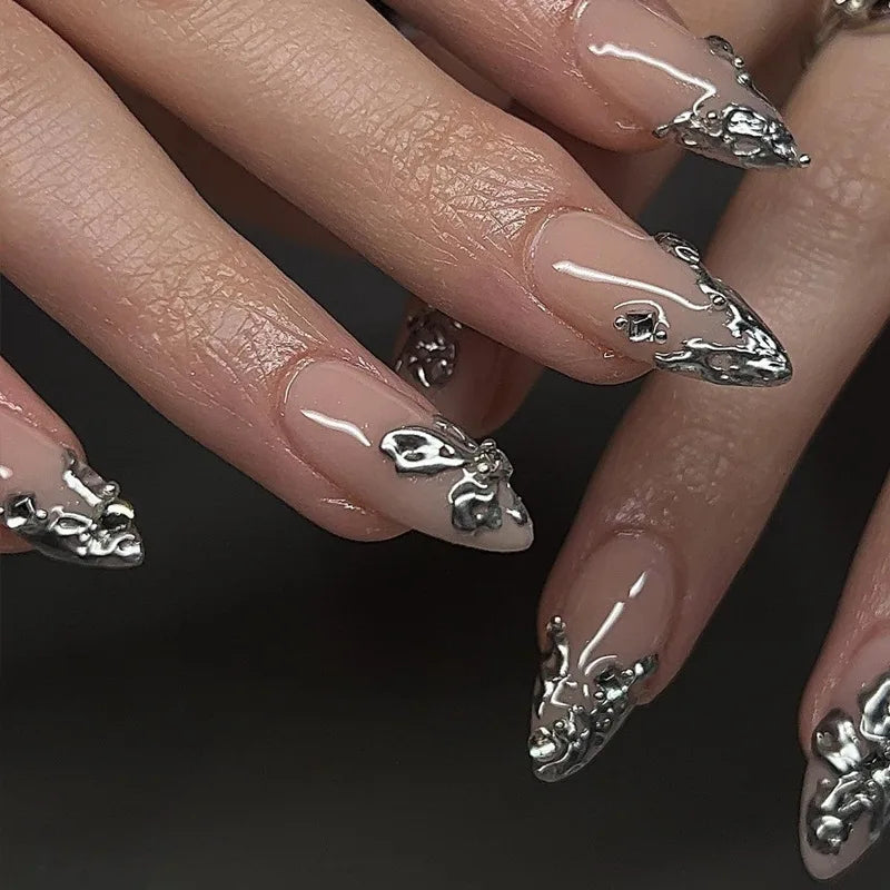 24Pcs Simple French Fake Nails with Almond Head Design Detachable 3D Irregular Star Pattern Press on False Nails Manicure Tools
