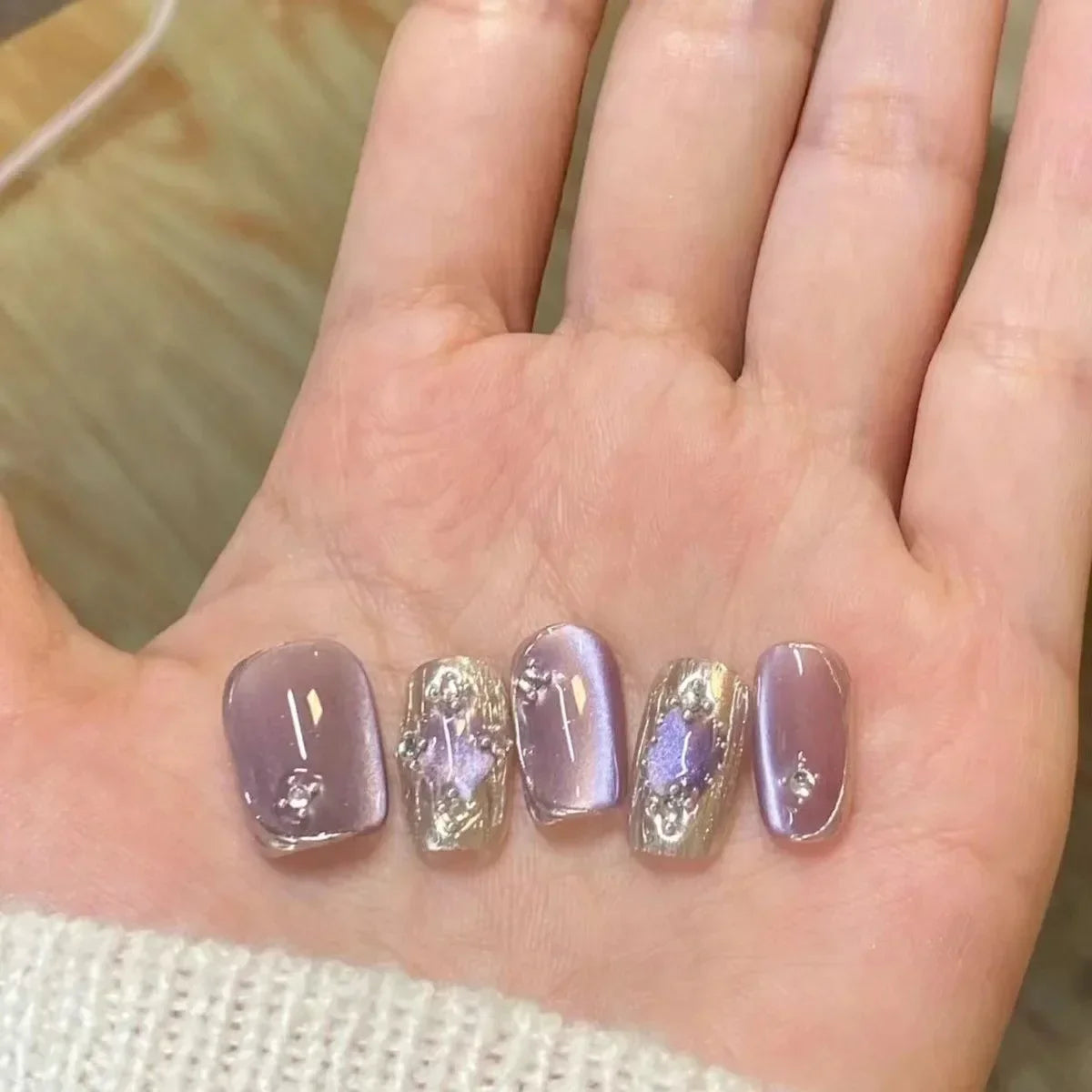 10PCS Pink Cat Eye Handmade Press On Nails Square Head Fake Nails Diamond Designs Full Cover Nail Art Tips Wearable False Nails