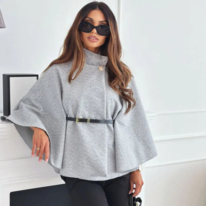 Lady Cloak Cape Woollen Tweed Poncho Thick Autumn Winter Women Single Buckle Batwing Sleeve Coat Elegant Warm Loose Outwear 2024