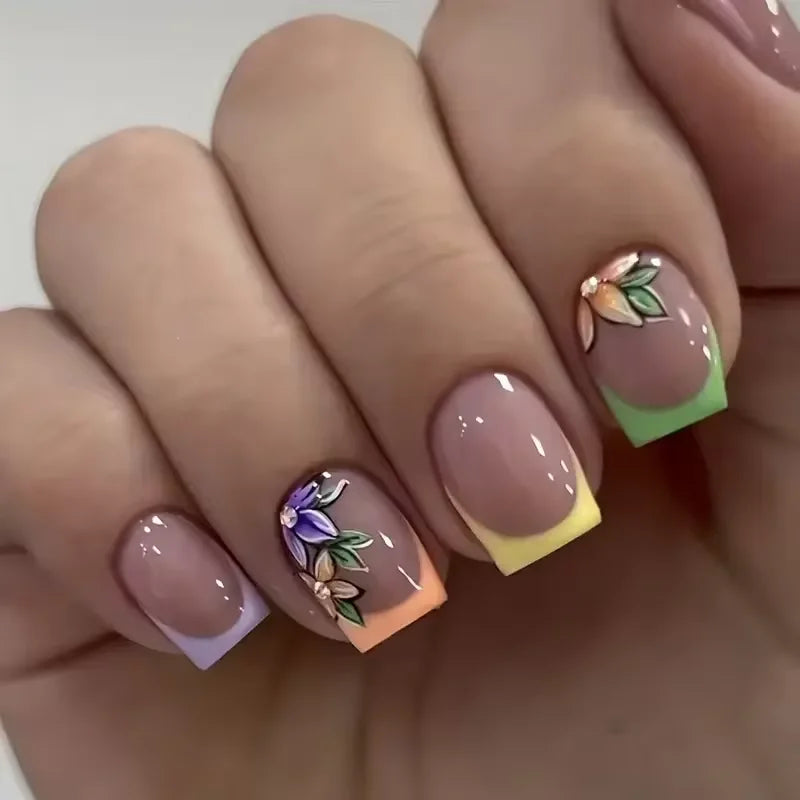 24PCS Shiny Pearl Wearable False Nails Short Square Fake Nail Simple Press on Nails Detachable Full Cover Nail Tips With Glue