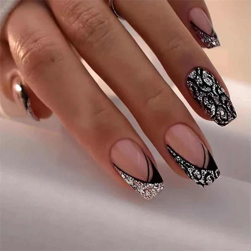 24Pcs Medium Long Acrylic Fake Nails Art Cool Spice Girls Wearing False Nails Set Press on Nail Tips Removable French Nails Fake