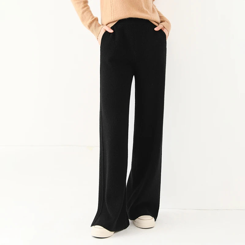 2024 new wool women's pants, high waisted loose cashmere floor pants knitted fashionable hot selling women's wide leg pants