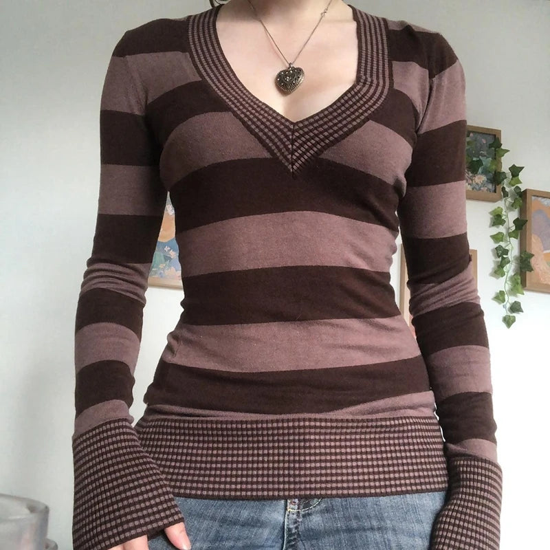 Y2K Grunge Emo 00s Vintage T Shirt Black Grey Striped V Neck Long Sleeve Jumper Tops Chic Women Autumn Retro Mall Goth Tees