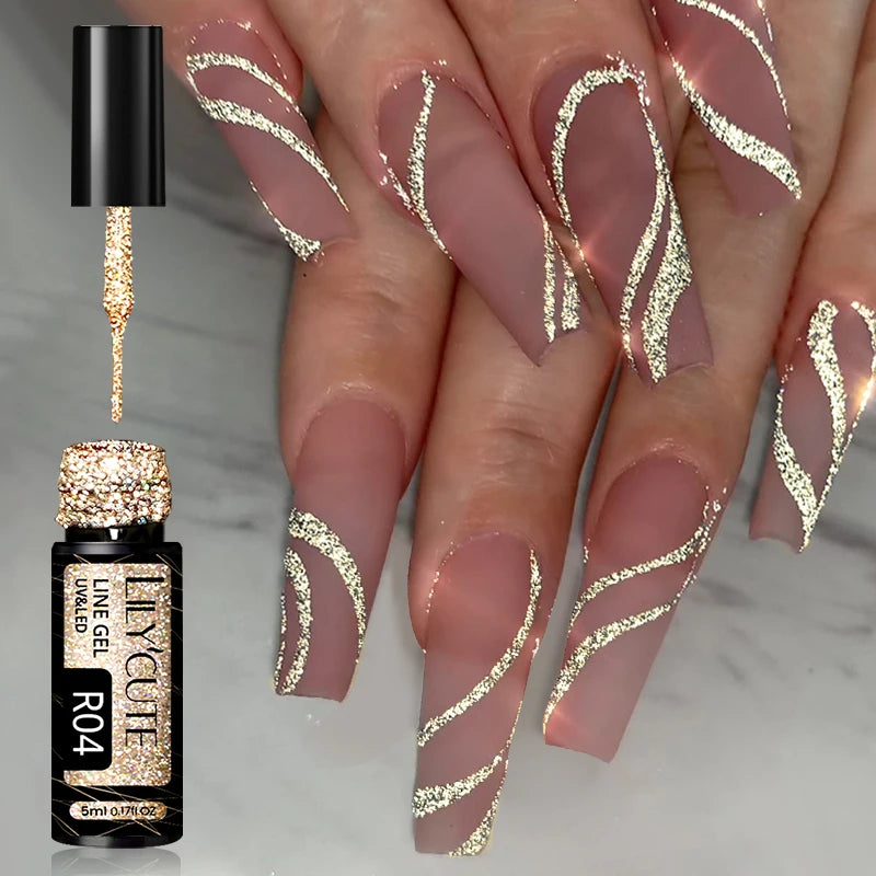 LILYCUTE 5ml Gold Sliver Metallic Liner Gel Nail Polish French Style Super Bright Mirror Pull Line Graffiti Painting Stripe Gel