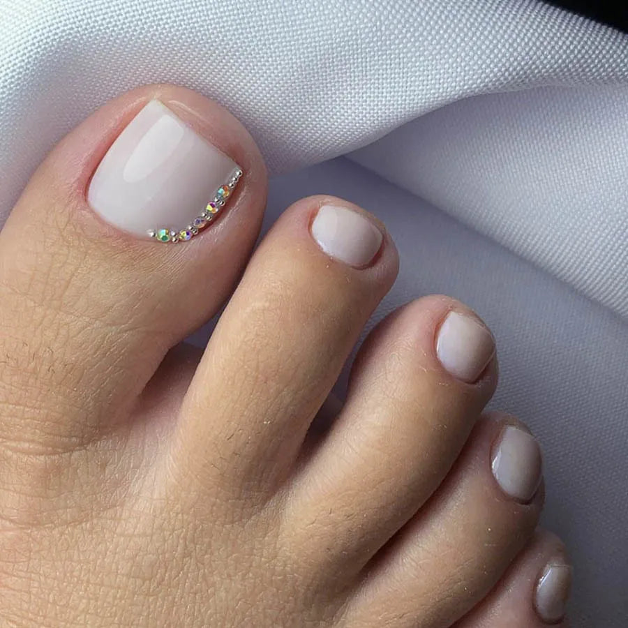 24Pcs False Toes Nails French Square Nude Color Nature Fake Toe Nails Feet Nail Tips Artificial Press On Toenails for Women 2025