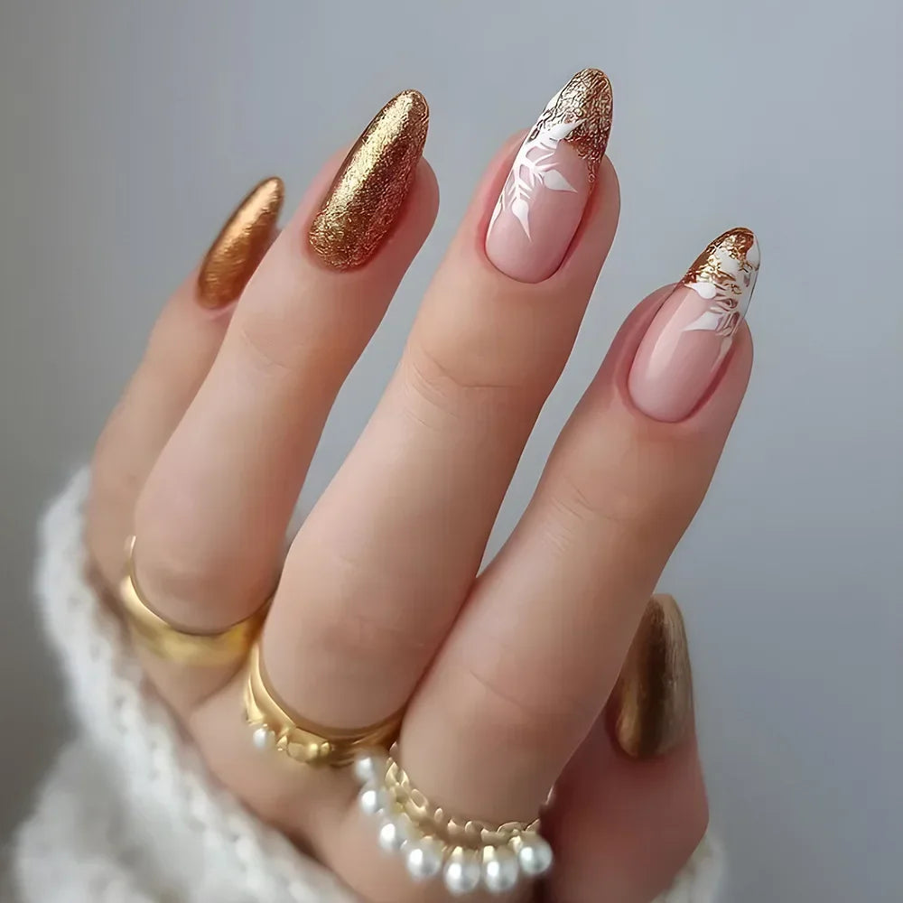 24Pcs French Gold Edge Wearable Almond Press on Fake Nails Simple Pearl Decoration False Nails with Glue Full Over Manicure Tips