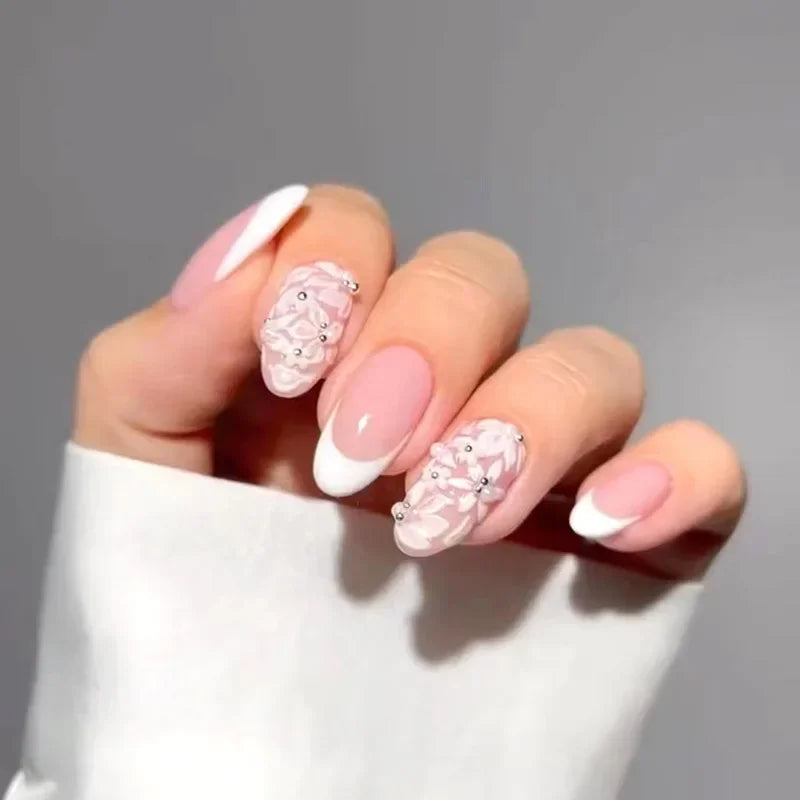 24Pcs French Gold Edge Wearable Almond Press on Fake Nails Simple Pearl Decoration False Nails with Glue Full Over Manicure Tips