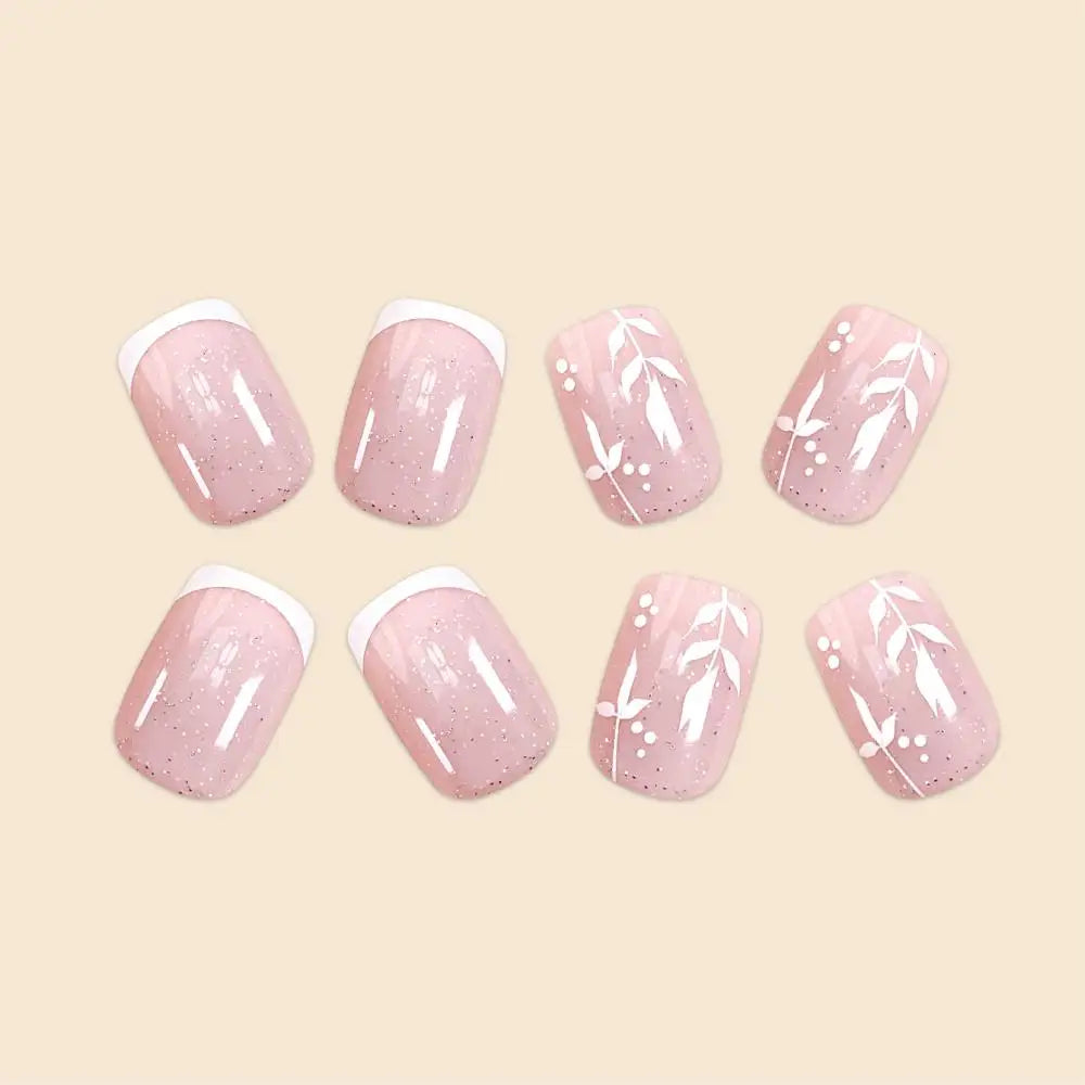 24Pcs/Set Short Size French Simplicity Glitter Pink Leaf Girls Women Full Coverage Wearable Fake Nails
