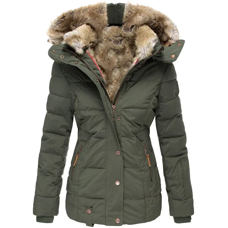 Winter Warm Wool Collar Cotton Coat Womens Zipper Long Sleeve Slim Fit Hooded Cotton Coat