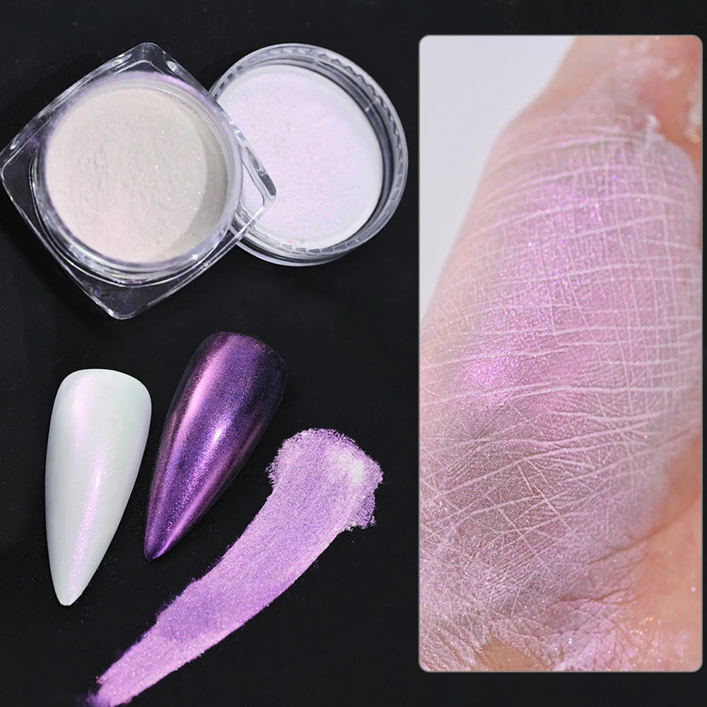 10g/Bottle Pearls White Nail Pigment Glitter Aurora Nail Powder Purple Chrome Glitter Pigment Dust UV Manicure Dip Powder