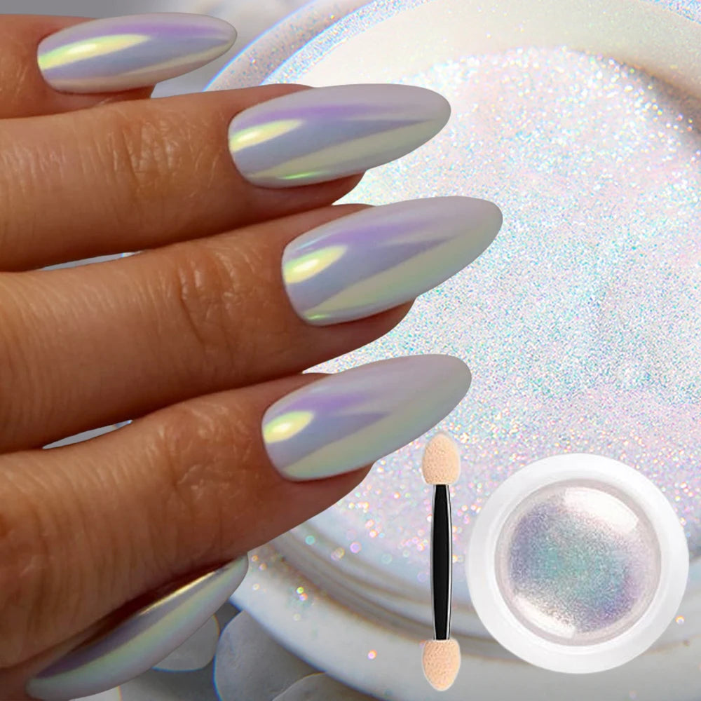 10g/Bottle Pearls White Nail Pigment Glitter Aurora Nail Powder Purple Chrome Glitter Pigment Dust UV Manicure Dip Powder