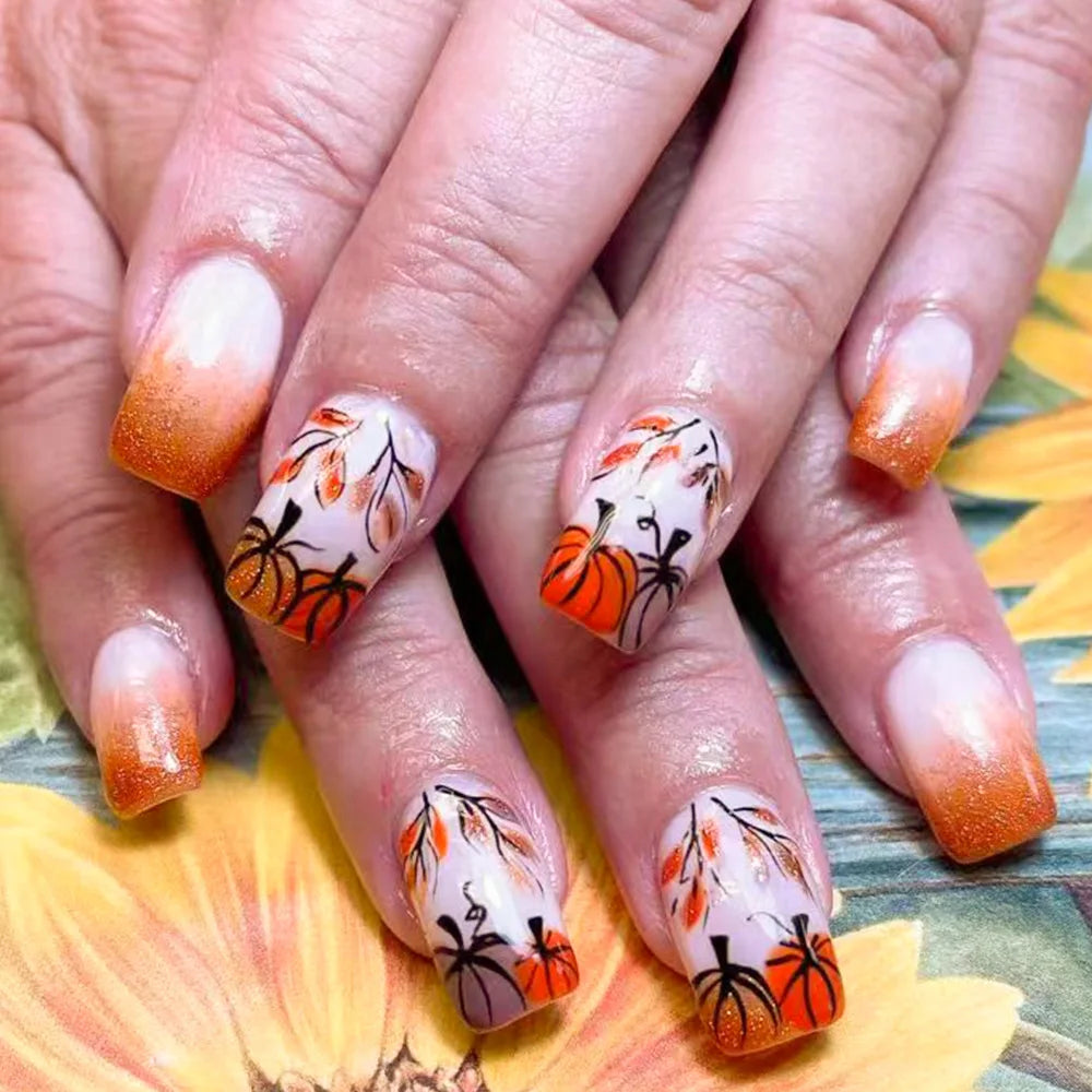 24pcs Autumn Maple Leaves Press on Nails Thanksgiving Day Gifts Fake Nail Patch Wearable Short Square Shiny False Nail Tips