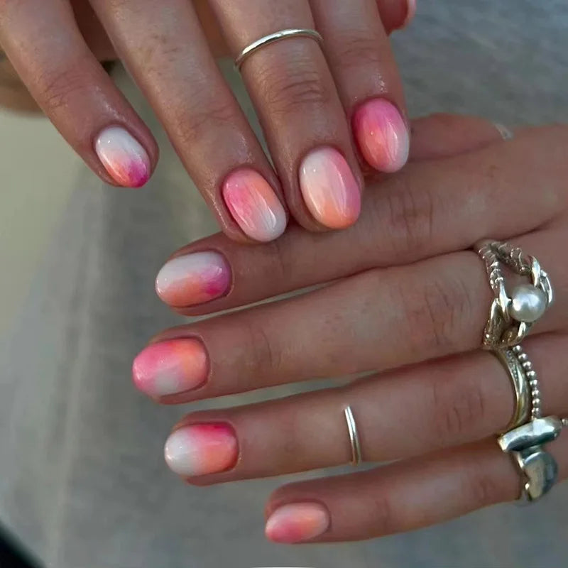 24Pcs White Ice Camellia Short False Nails Art Light Pink Sweet Girls Acrylic Press on Nails Full Cover Removable Fake Nail Set