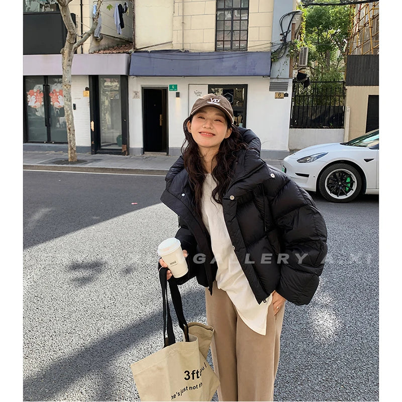 Women Jacket Short Hooded Down Jacket 2024 Winter Coat Korean Fashion Thick Warm Parkas Loose White Duck Pink Outwear
