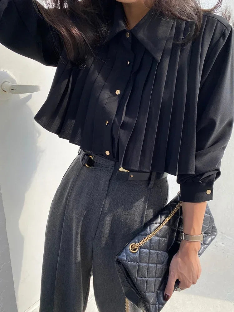 2025 Camisas De Mujer Korean Blouses for Women Temperament Single Breasted White Shirts Crop Tops Autumn Pleated Vintage Blouse