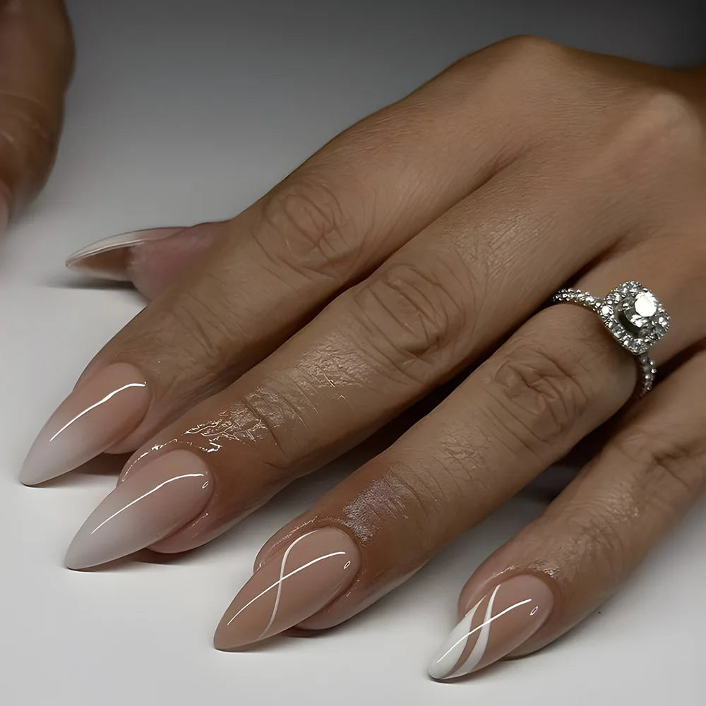 24Pcs Golden French Fake Nail with Almond Head Design Simple Oval False Nails Wearable Press on Nails Full Cover Nail Tips