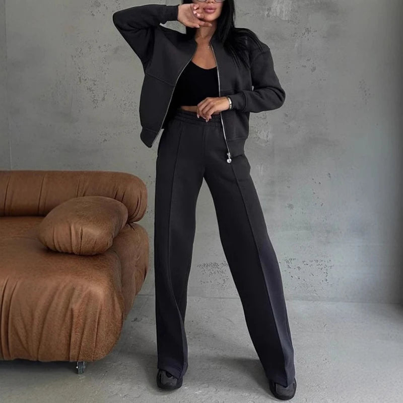 Women's Autumn Solid Color Sportwear Tracksuit Casual Zipper Sweatshirt Coat and Straight Pant Sets Winter Long Sleeve 2pcs Suit