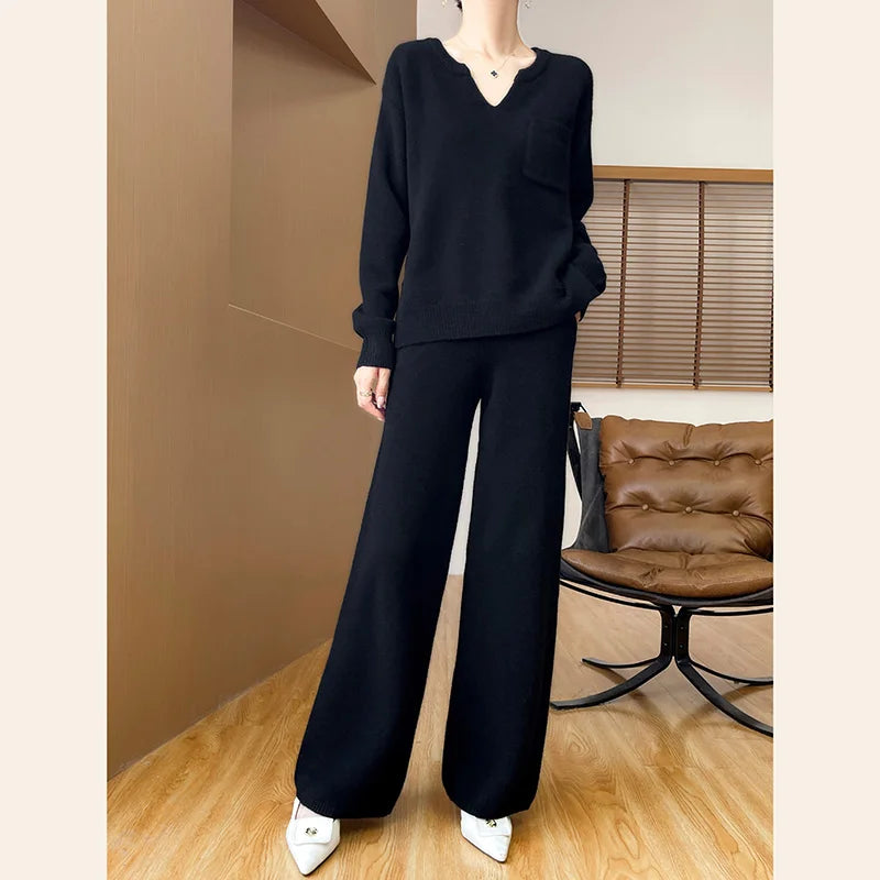 Women Wool V-neck Sweater Pullovers Casual Straight Pants Spring Autumn Winter Knitwear 100% Merino Wool Two-piece Suit Clothing
