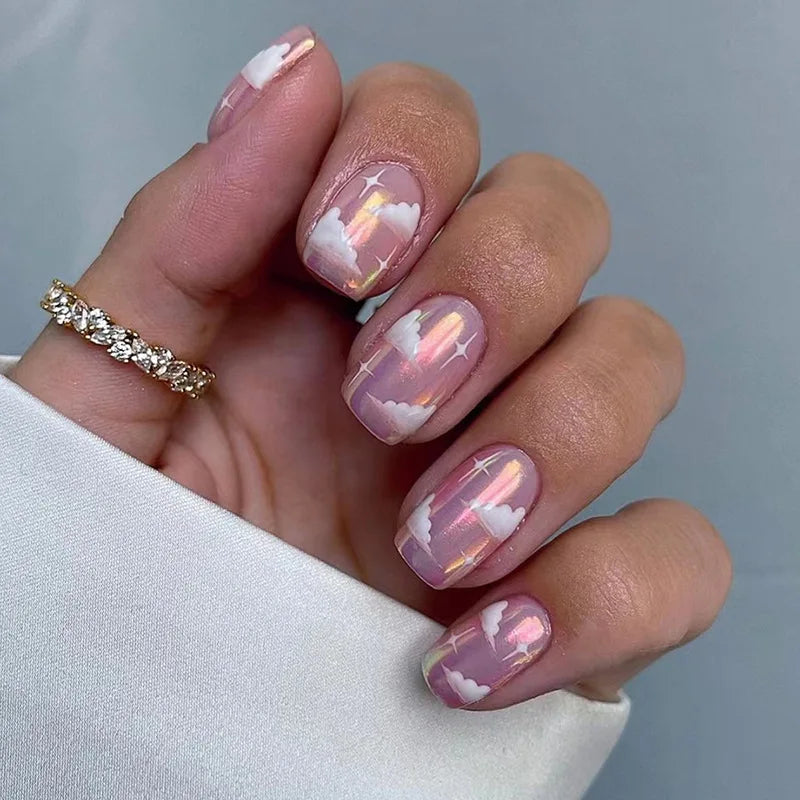 24Pcs White Ice Camellia Short False Nails Art Light Pink Sweet Girls Acrylic Press on Nails Full Cover Removable Fake Nail Set