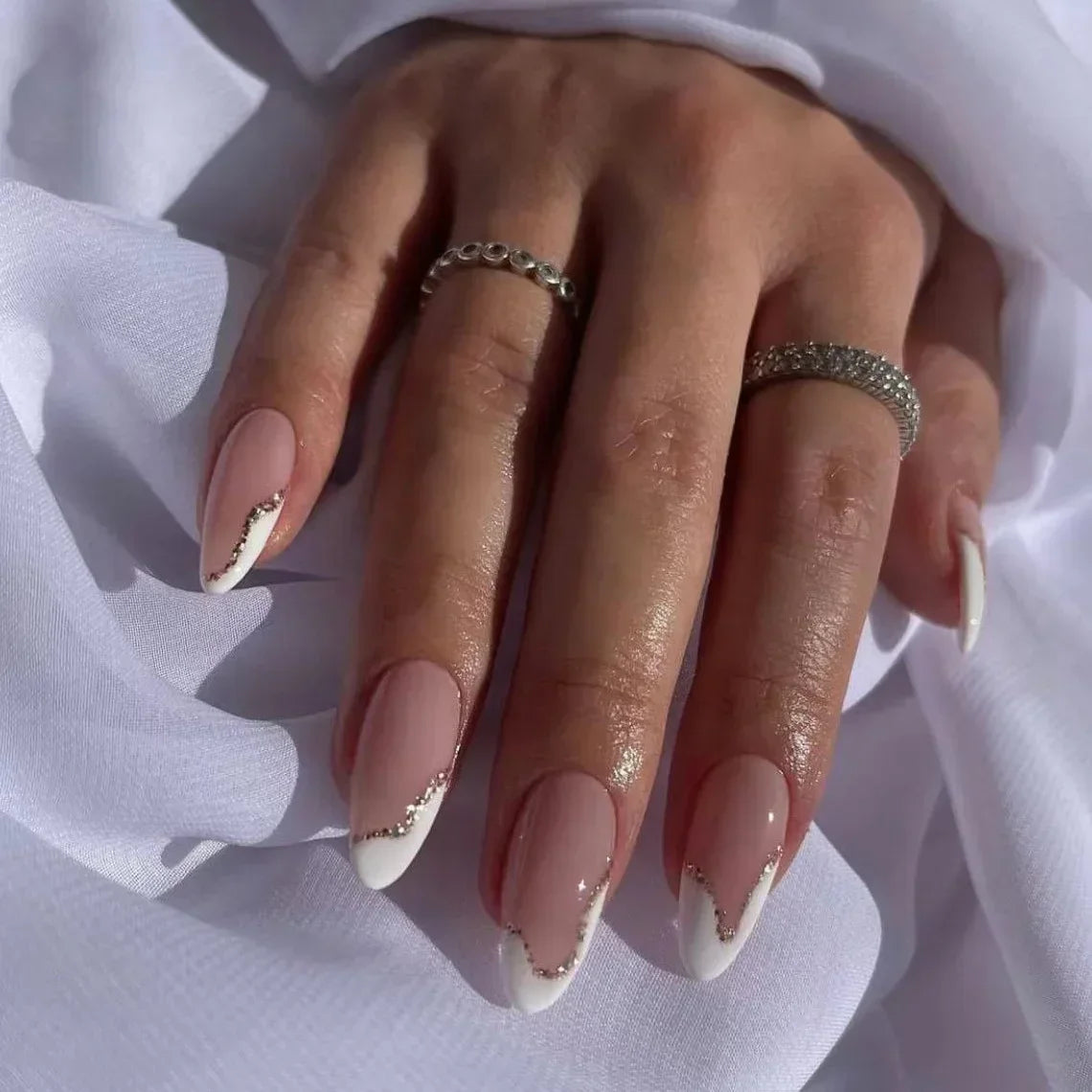 24Pcs French Gold Edge Wearable Almond Press on Fake Nails Simple Pearl Decoration False Nails with Glue Full Over Manicure Tips